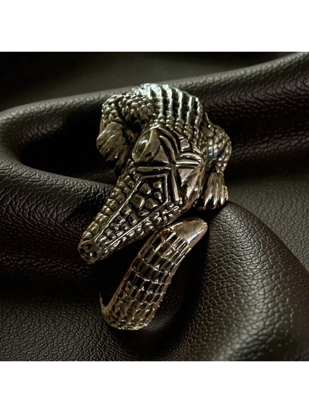 Alligator Hinged Cuff Large Bracelet, Dark Heavy Realistic Detail Silver Metal.